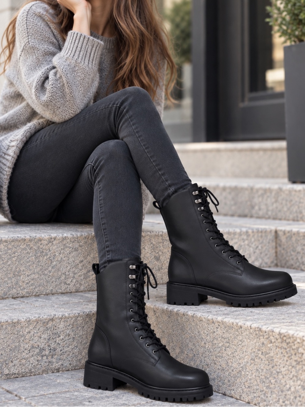 New Women's Black Lace-Up Combat Boots 36/6